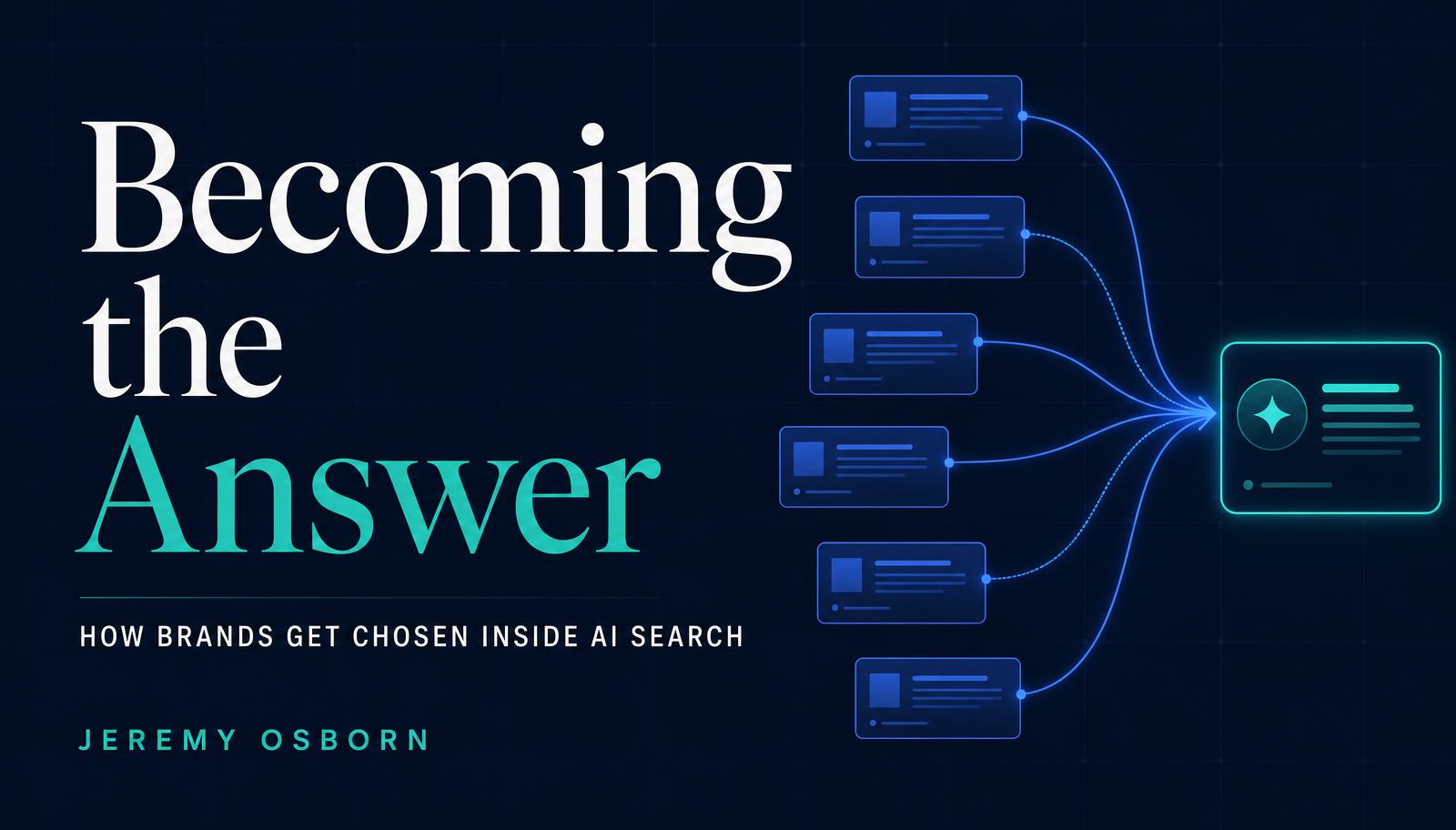 Cover graphic for Becoming the Answer: How Brands Get Chosen Inside AI Search by Jeremy Osborn