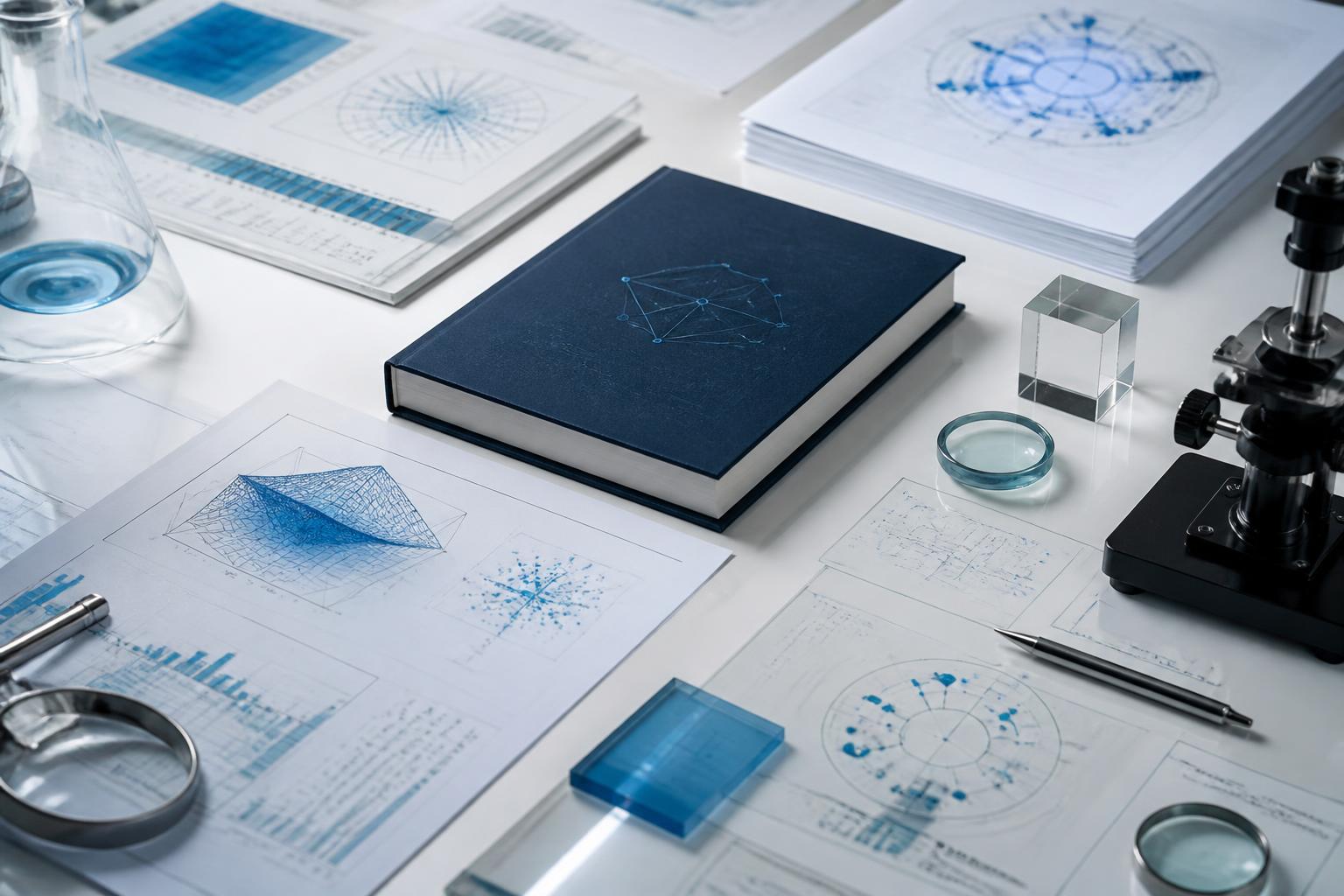 Research papers, analytical diagrams, and a technical book arranged on a precision workspace