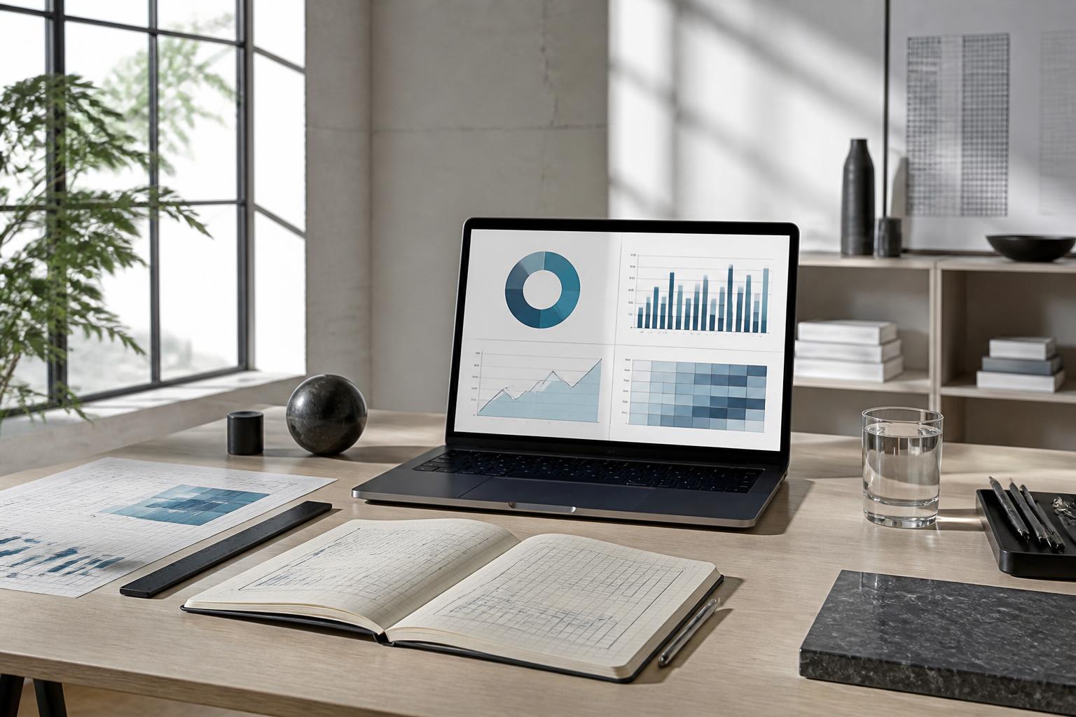 A calm strategy workspace with AI visibility analysis displayed on a laptop